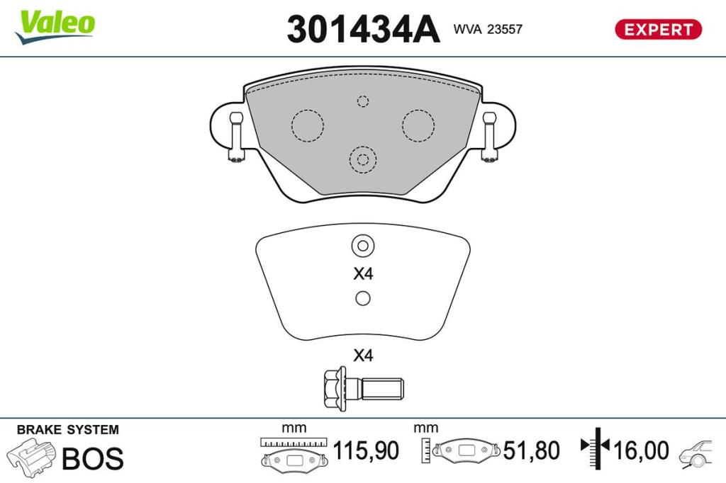 Jeu de 4 plaquettes de frein VALEO ref. 301434A